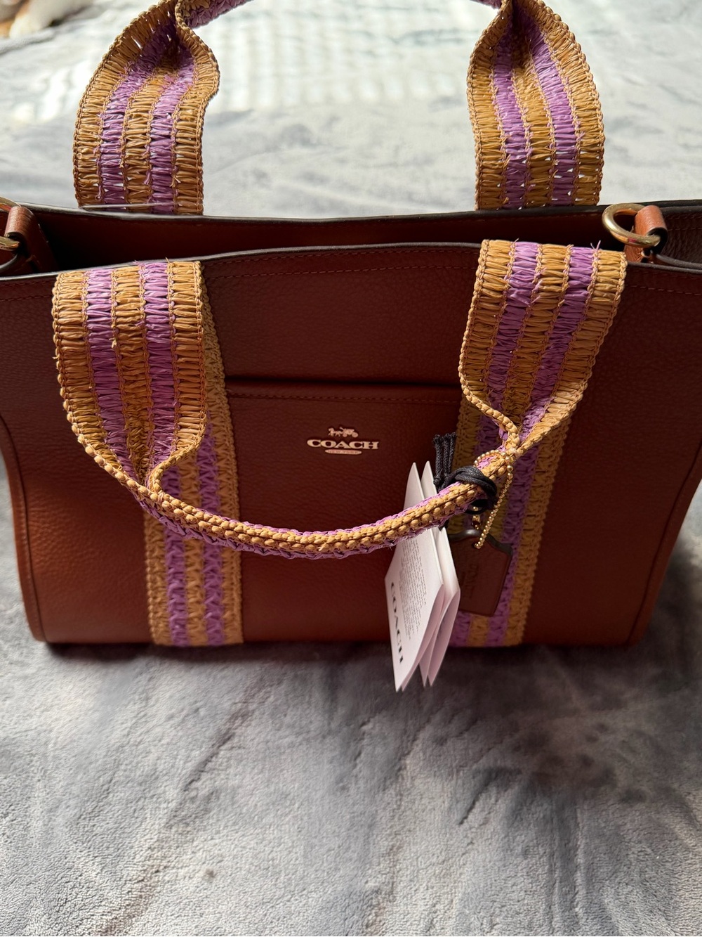 Coach Brown Leather Tote with Purple & Tan Woven Straps